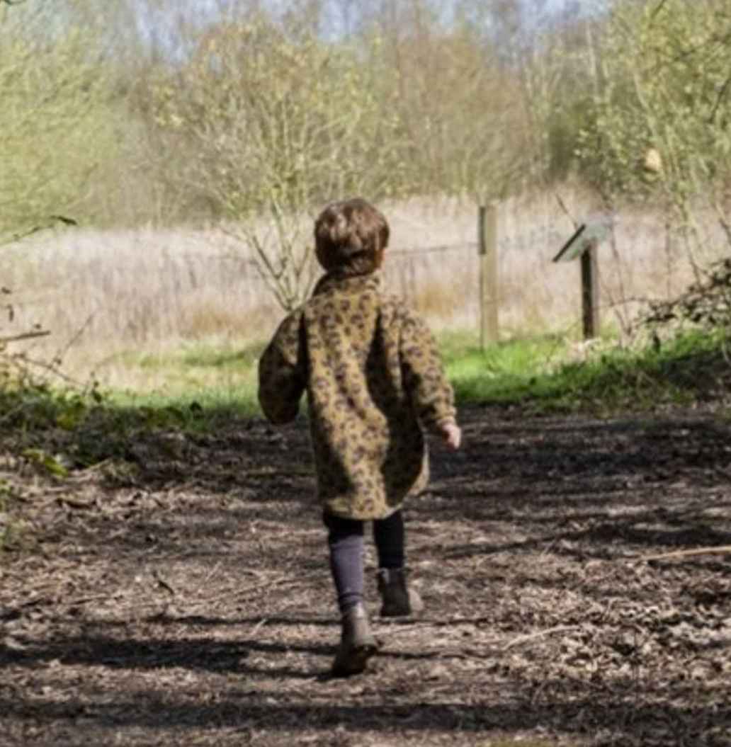 Young child walking along path in forest on sunny day